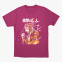 Camiseta com estampa frontal de personagem de cabelo preso e traje volumoso, rodeado por padrões dinâmicos e caracteres estilizados ao lado.