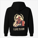 Moletom com estampa frontal de cavalo estilizado e plantas circundantes, e estampa traseira de cowboy em cavalo, contornado por louros, com barril e a frase "I LOVE TO RUN".