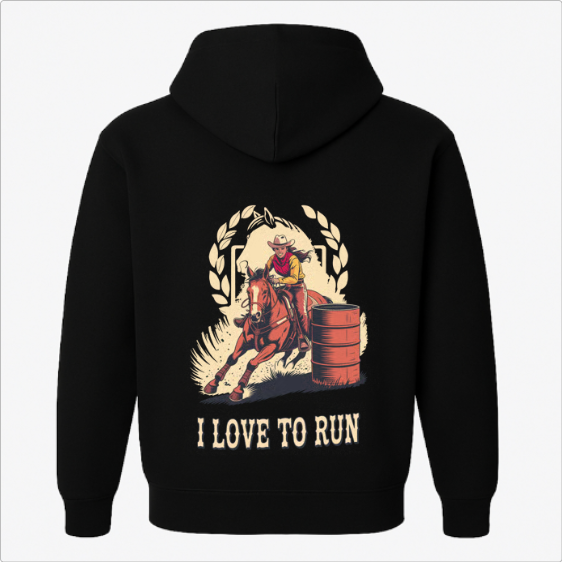 Moletom com estampa frontal de cavalo estilizado e plantas circundantes, e estampa traseira de cowboy em cavalo, contornado por louros, com barril e a frase "I LOVE TO RUN".
