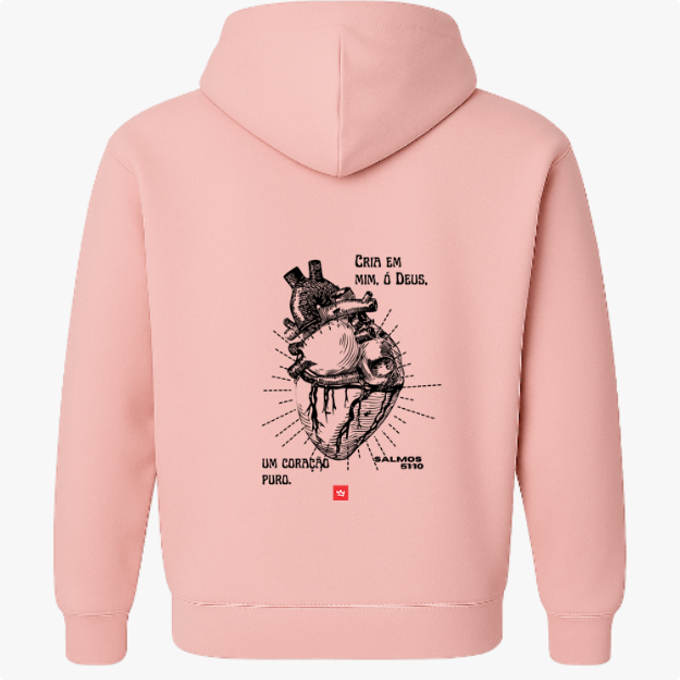 Moletom com estampa frontal de retângulo contendo texto estilizado e estampa traseira de coração anatômico detalhado acompanhado de frase inspiradora e referência.