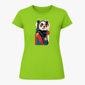Camiseta com estampa frontal de panda estilizado usando óculos escuros, lenço e traje moderno, inserido em um design geométrico abstrato.