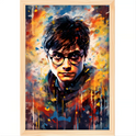 Quadro com estampa de ilustração vibrante de um jovem de óculos em meio a um fundo abstrato com traços energéticos e cores intensas.