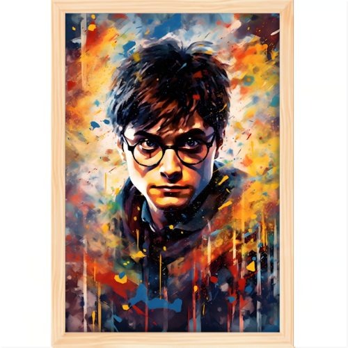 Quadro com estampa de ilustração vibrante de um jovem de óculos em meio a um fundo abstrato com traços energéticos e cores intensas.