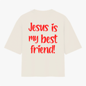 Camiseta com estampa frontal de texto estilizado com a palavra "Christine" no peito esquerdo e estampa traseira de texto grande "Jesus is my best friend!".