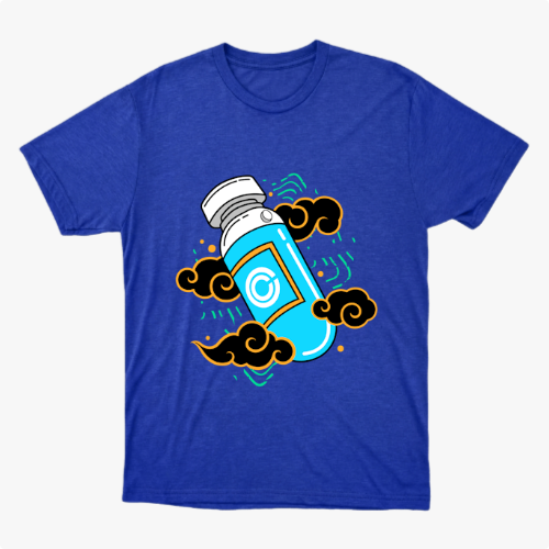 Camiseta com estampa frontal de frasco estilizado com logotipo centralizado, envolto por padrões de nuvens arrojadas e elementos geométricos vibrantes.
