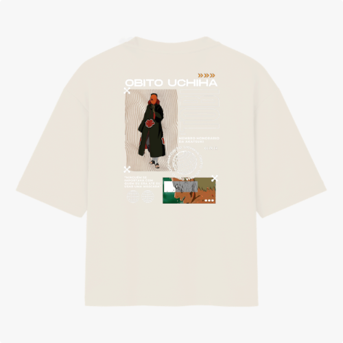Camiseta com estampa frontal de olhos intensos e nome em destaque, e estampa traseira de personagem estilizado com texo, figuras geométricas e ilustrações.