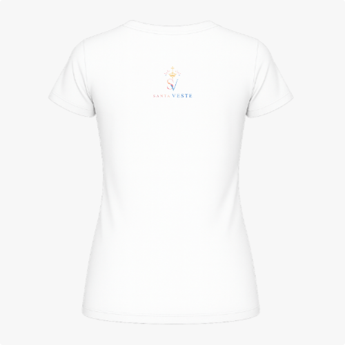 Camiseta com estampa frontal de imagem de Nossa Senhora em moldura colorida com flores e frase "Nossa Senhora, rogai por nós" e estampa traseira de logotipo com cruz e texto.