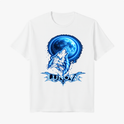 Camiseta com estampa frontal de lobo uivando diante de uma lua cheia iluminada, acompanhada de um detalhe ornamental com a palavra "LUNOVA" em destaque.