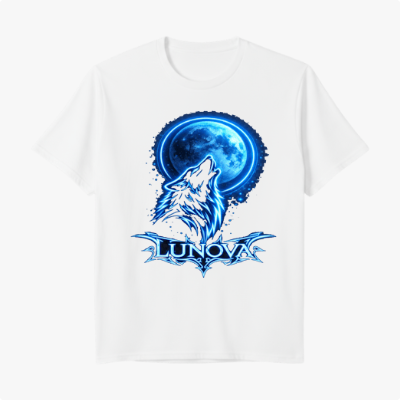Camiseta com estampa frontal de lobo uivando diante de uma lua cheia iluminada, acompanhada de um detalhe ornamental com a palavra "LUNOVA" em destaque.