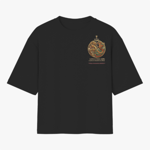 Camiseta com estampa frontal de dragão em círculo com texto "LONG E FENG (DRU) FORÇA E HARMONIA PERFEITA" e estampa traseira de fênix similar e texto correspondente.