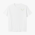 Camiseta com estampa frontal de cabeça de touro estilizada no canto superior e estampa traseira de touro com texto "Jeito Marujo" sobreposto.