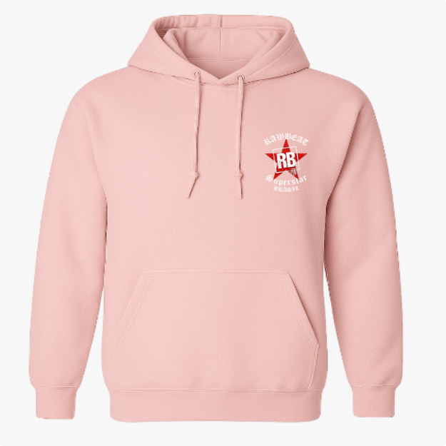 Moletom com estampa frontal de um emblema contendo as letras "RB" no centro de um design estrelado, acompanhado dos textos "Rawbeat Superstar" e "Beast".
