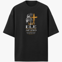 Camiseta com estampa frontal de leão em perfil ao lado de uma cruz, seguida pela frase "Ele não reina por acaso" e texto menor detalhando uma passagem.