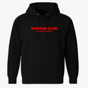 Moletom com estampa frontal de texto "ROWKER CLUB SPORT DIVISION" e estampa traseira de texto idêntico abaixo de três esferas estilizadas.