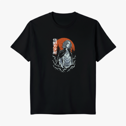 Camiseta com estampa frontal de um samurai retratado sobre um fundo de círculo solar, acompanhado por caracteres japoneses e ondas estilizadas em preto e branco.