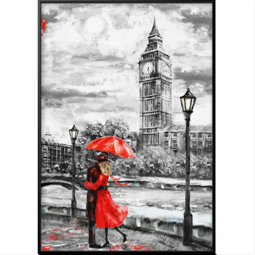 Quadro com estampa frontal de casal sob guarda-chuva, em cena urbana com postes de luz, árvores e torre de relógio ao fundo, capturando uma atmosfera clássica.
