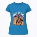 Camiseta com estampa frontal de cowboy montado em cavalo, fundo de pôr do sol com chamas verdes e a frase "Ride or Die" em destaque.