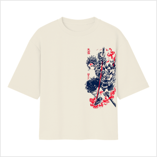 Camiseta com estampa frontal de personagem estilizado segurando uma espada, rodeado por chamas e detalhes em vermelho ao fundo.