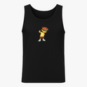 Camiseta regata com estampa frontal de personagem animado com cabelo espetado laranja, óculos escuros, camiseta amarela e bermuda vermelha.