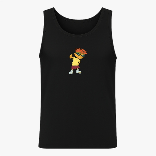 Camiseta regata com estampa frontal de personagem animado com cabelo espetado laranja, óculos escuros, camiseta amarela e bermuda vermelha.