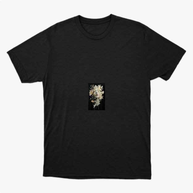 Camiseta com estampa frontal de um rosto artístico imerso em elementos florais intricados, criando um visual detalhado e intrigante que capta a atenção.