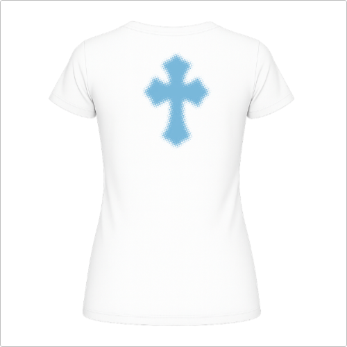 Camiseta com estampa frontal de "LIZZYE CORP" acompanhada de um pequeno símbolo abaixo e estampa traseira de uma cruz pixelada destacada.