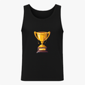 Camiseta regata com estampa frontal de troféu dourado detalhado sobre uma base de madeira, adicionando um toque de conquista e brilho ao design.