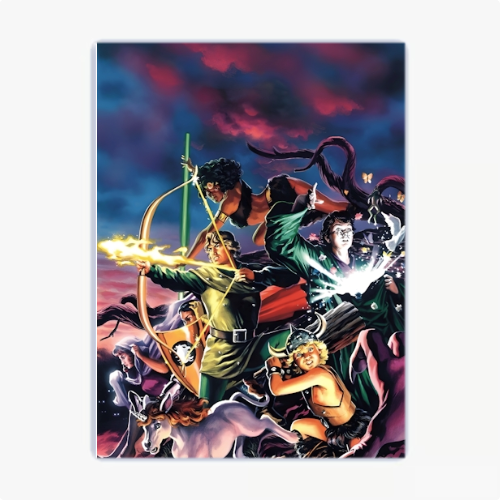 Quadro com estampa de grupo de guerreiros em ação, incluindo arqueiro, espadachim e personagens mitológicos, com fundo de céu tempestuoso e criaturas.