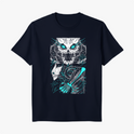 Camiseta com estampa frontal de criatura esquelética de olhos brilhantes segurando uma arma em pose ameaçadora, rodeada por detalhes dinâmicos e fulgurantes.
