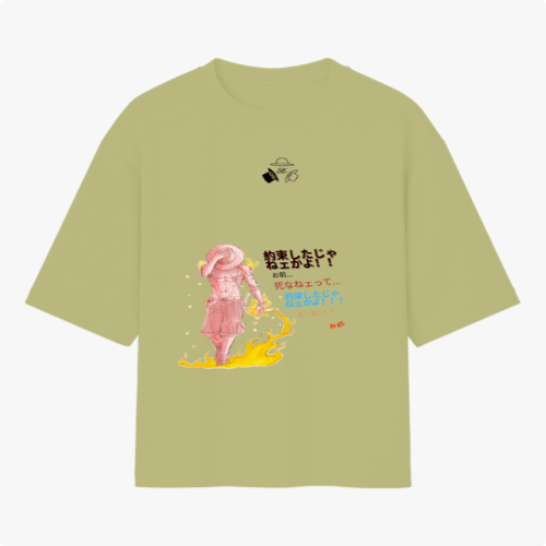 Camiseta com estampa frontal de personagem em posição dinâmica com texto em estilo japonês, e estampa traseira de quadrinhos com cenas e personagens em contraste.