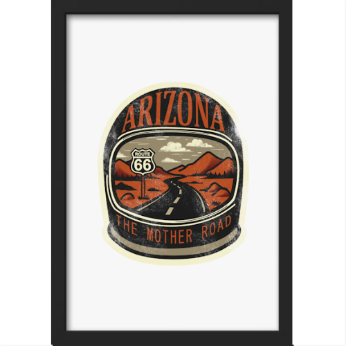 Quadro com estampa de estrada sinuosa cercada por montanhas da Rota 66, placa icônica ao lado, texto "Arizona" no topo e "The Mother Road" na base.