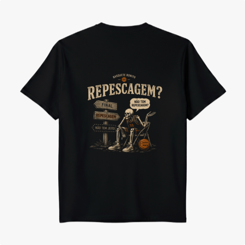 Camiseta com estampa frontal de "Basquete Bonito" com uma bola e estampa traseira de esqueleto com placas de "Repescagem?" e referências à escolhas.