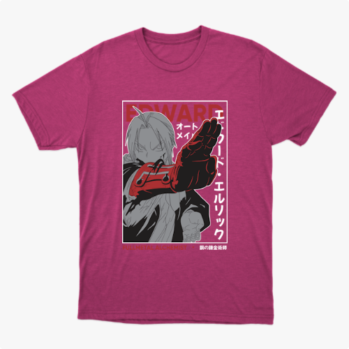 Camiseta com estampa frontal de personagem estilizado em tons de cinza e vermelho, com elementos de design geométrico e texto ao redor.