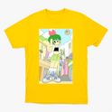 Camiseta com estampa frontal de personagem de cabelo verde e roupa casual em uma rua colorida, com sol sorridente no céu e detalhes urbanos vibrantes.