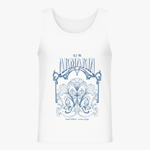 Camiseta regata com estampa frontal de letras estilizadas e ornamentos florais detalhados, incluindo arabescos e folhagens simétricas.