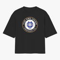 Camiseta com estampa frontal de círculo com texto "THE OBS UNION" e "OBSIGNO CO", em torno de um símbolo central estilizado geométrico.