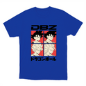 Camiseta com estampa frontal de quatro quadrados ilustrando personagens de cabelo arrepiado, acompanhados pelas letras "DBZ" acima e texto em japonês abaixo.