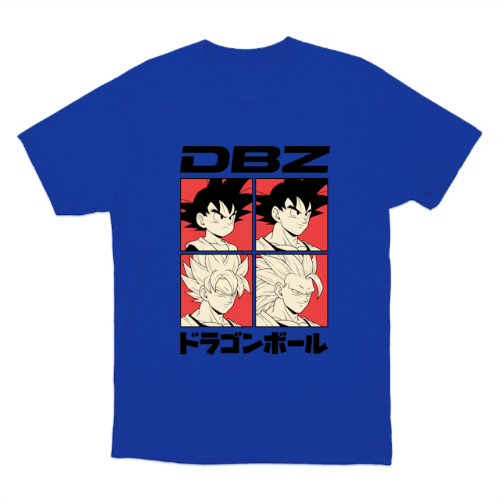 Camiseta com estampa frontal de quatro quadrados ilustrando personagens de cabelo arrepiado, acompanhados pelas letras "DBZ" acima e texto em japonês abaixo.