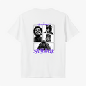 Camiseta com estampa frontal de três estrelas sobrepostas de tamanhos variados e estampa traseira de colagem fotográfica artística com texto "Starboy".