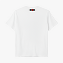 Camiseta com estampa frontal de texto "Kuarup" acima de um símbolo geométrico preto e branco com detalhe central em vermelho, e estampa traseira de símbolo menor similar.