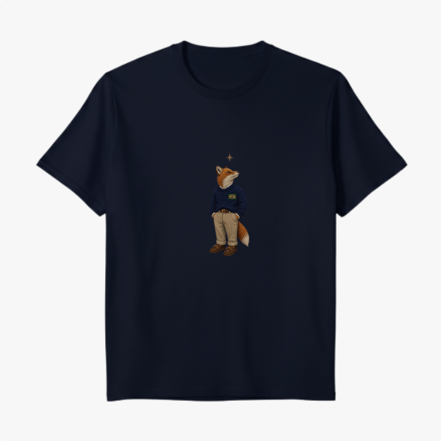 Camiseta com estampa frontal de uma raposa vestida em roupas casuais, olhando para cima com uma pequena estrela brilhando acima de sua cabeça.