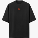 Camiseta com estampa frontal de letras estilizadas e estampa traseira de personagem musculoso flexionando, acompanhado das palavras "Parker Squad".