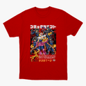 Camiseta com estampa frontal de um grupo de personagens em pose destemida, cercados por figuras sombrias e texto em estilo japonês na parte superior e inferior.