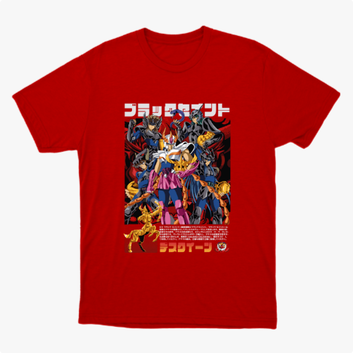 Camiseta com estampa frontal de um grupo de personagens em pose destemida, cercados por figuras sombrias e texto em estilo japonês na parte superior e inferior.