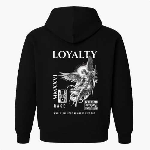 Moletom com estampa frontal de pequeno desenho de dragão e estampa traseira de anjo com espada, textos "LOYALTY" e mensagens adicionais.
