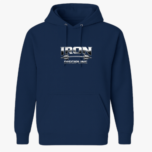 Moletom com estampa frontal de letras metálicas destacando "IRON" com uma barra de halteres entre elas e abaixo a palavra "DISCIPLINE" em estilo robusto.
