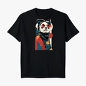 Camiseta com estampa frontal de panda estilizado usando óculos de sol, lenço no pescoço, sobre fundo geométrico com círculos e linhas abstratas.