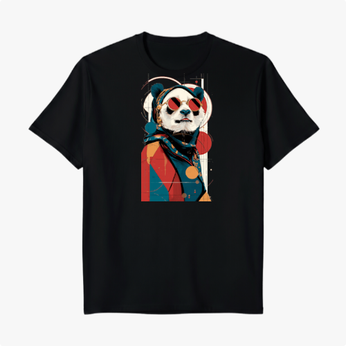 Camiseta com estampa frontal de panda estilizado usando óculos de sol, lenço no pescoço, sobre fundo geométrico com círculos e linhas abstratas.