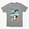Camiseta com estampa frontal de personagem em estilo quadrinhos, mostrando várias expressões e poses, com elementos gráficos ao redor.