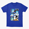 Camiseta com estampa frontal de personagem em estilo quadrinhos, mostrando várias expressões e poses, com elementos gráficos ao redor.